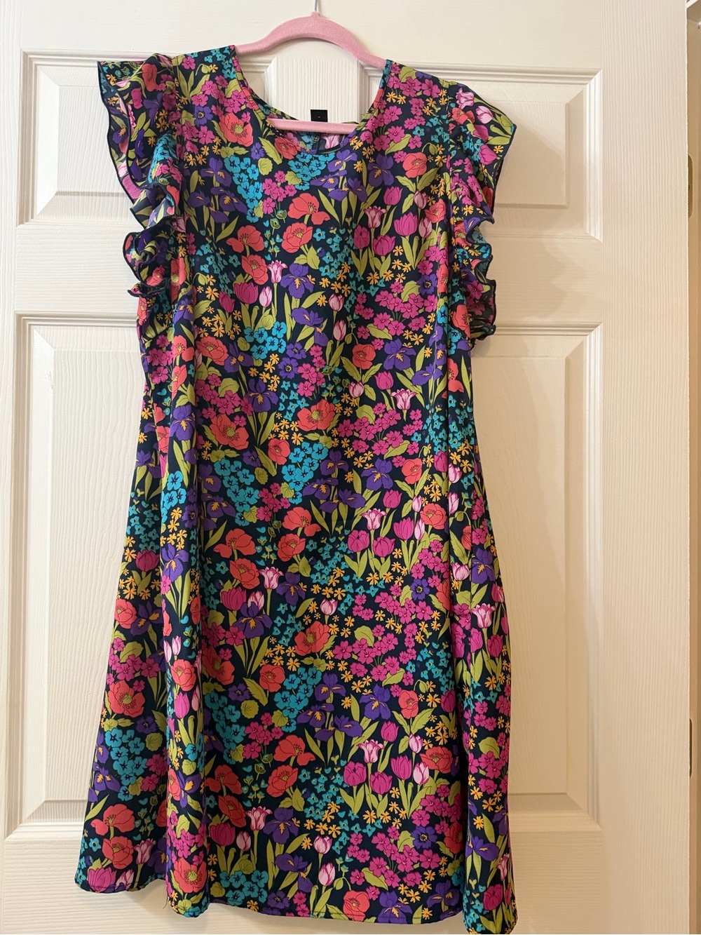SHEIN Black Floral Midi Dress with Pink Purple Blue Accents